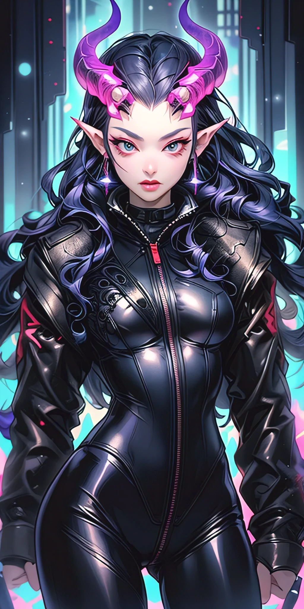 Superbly attractive demon girl, rainbow, slim thick build waifu, leather jacket, leather pants, hyper-feminine curves, futuristic ornaments, intergalactic scifi themed, hyperdetailed futuristic alien city, in style of digital vector art, eye-catching composition, masterful art execution, vibrant, spellbinding, photorealistic, anime realism by artgerm and gerald brom, uhd, sharp focus