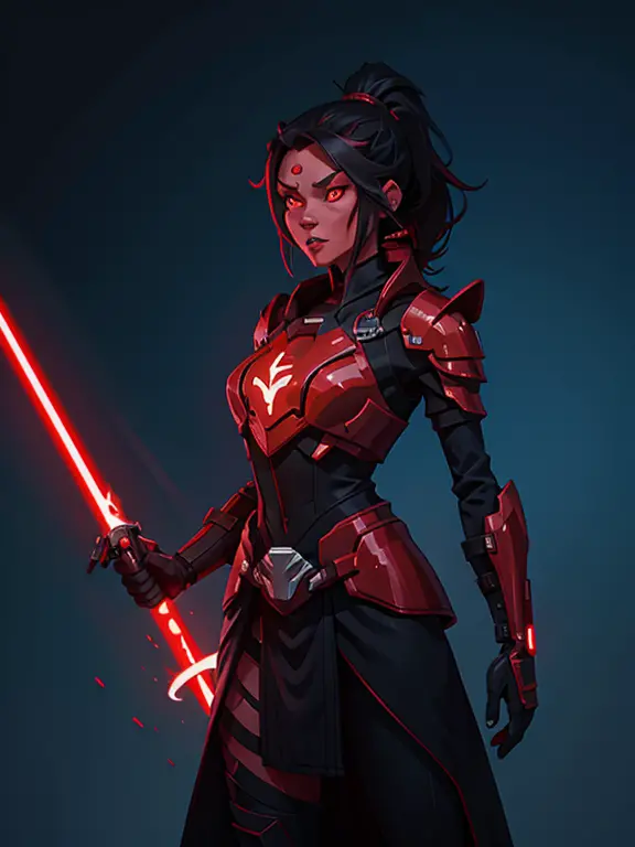 1woman, red skin, black long hair, ponytail, golden glowing eyes, slim fit body, red lightsaber, armor over dark robes, Ray trac...