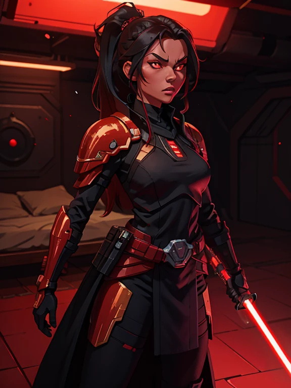 1woman, red skin, black long hair, ponytail, golden glowing eyes, slim fit body, red lightsaber, armor over dark robes, Ray tracing, masutepiece, Best Quality, ultra-quality, absurd details, best light, Best Shadow, sharp, Sharp Image, Detailed, Extremely detailed, great resolution, 8K, 4K, nffsw, particles effect, beautiful effects, Vivid colors, red Neon light, red neons, light,