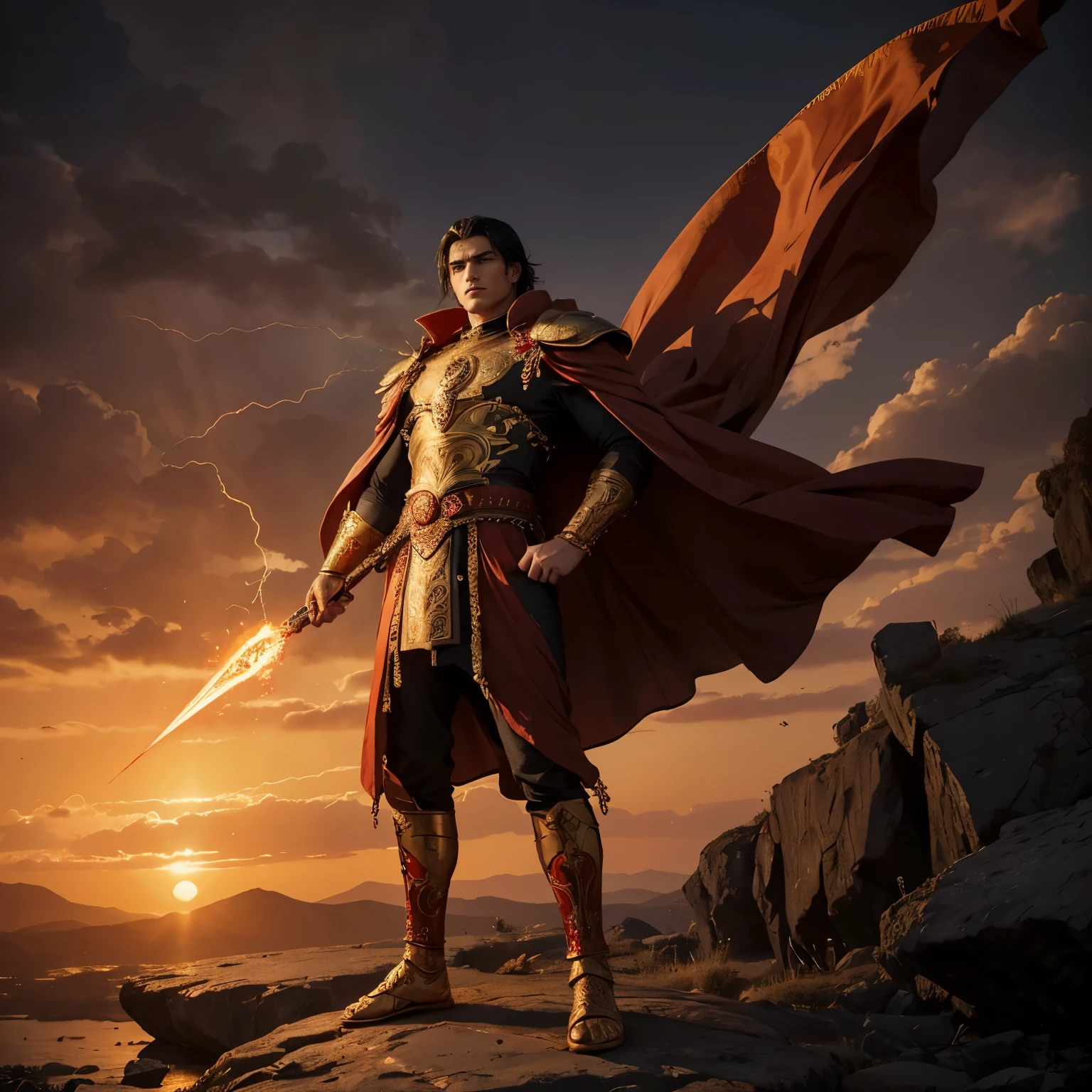Generate highly detailed, high-quality images of a 25-year-old tall young man with pale skin, small brown eyes, a prominent nose, and thick eyebrows. Clean-shaven with a defined jawline, he has long black hair with a single gray strand. In a full-body image, depict him standing on a dark rock in an imposing pose, embodying the essence of a grand holy warrior.

Adorned in opulent red fabrics inspired by Byzantine aesthetics, featuring intricate golden patterns, he wears a full golden body armor and a long red cape. A ruby jewel graces his forehead. The calamitous background includes destruction, lightning, and fire, with the rising sun symbolizing hope on the horizon.

Capture the character covered in his own blood, bearing wounds, surrounded by intense magical red energy swirling around his body. Emphasize the highest quality and intricate details to vividly bring this compelling scene to life.