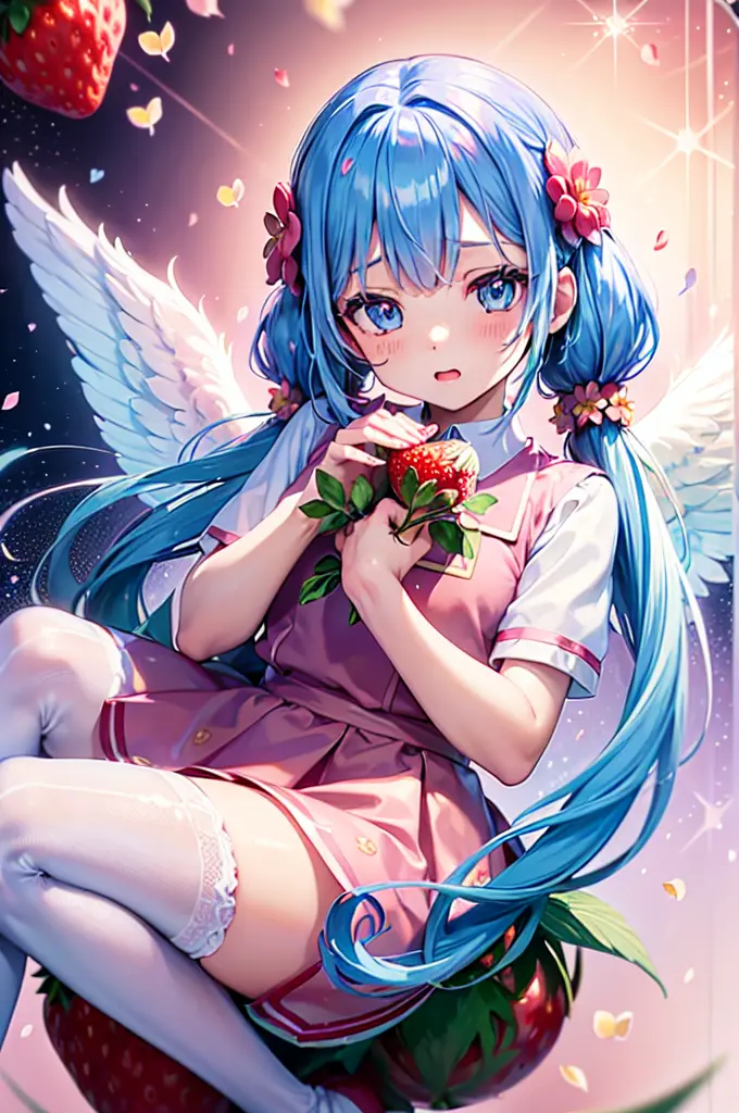 (((strawberry)))、(latex multicoloured school uniform girl)、sexy pose、very long twintails、light blue hair、((angel wings))、((heart...