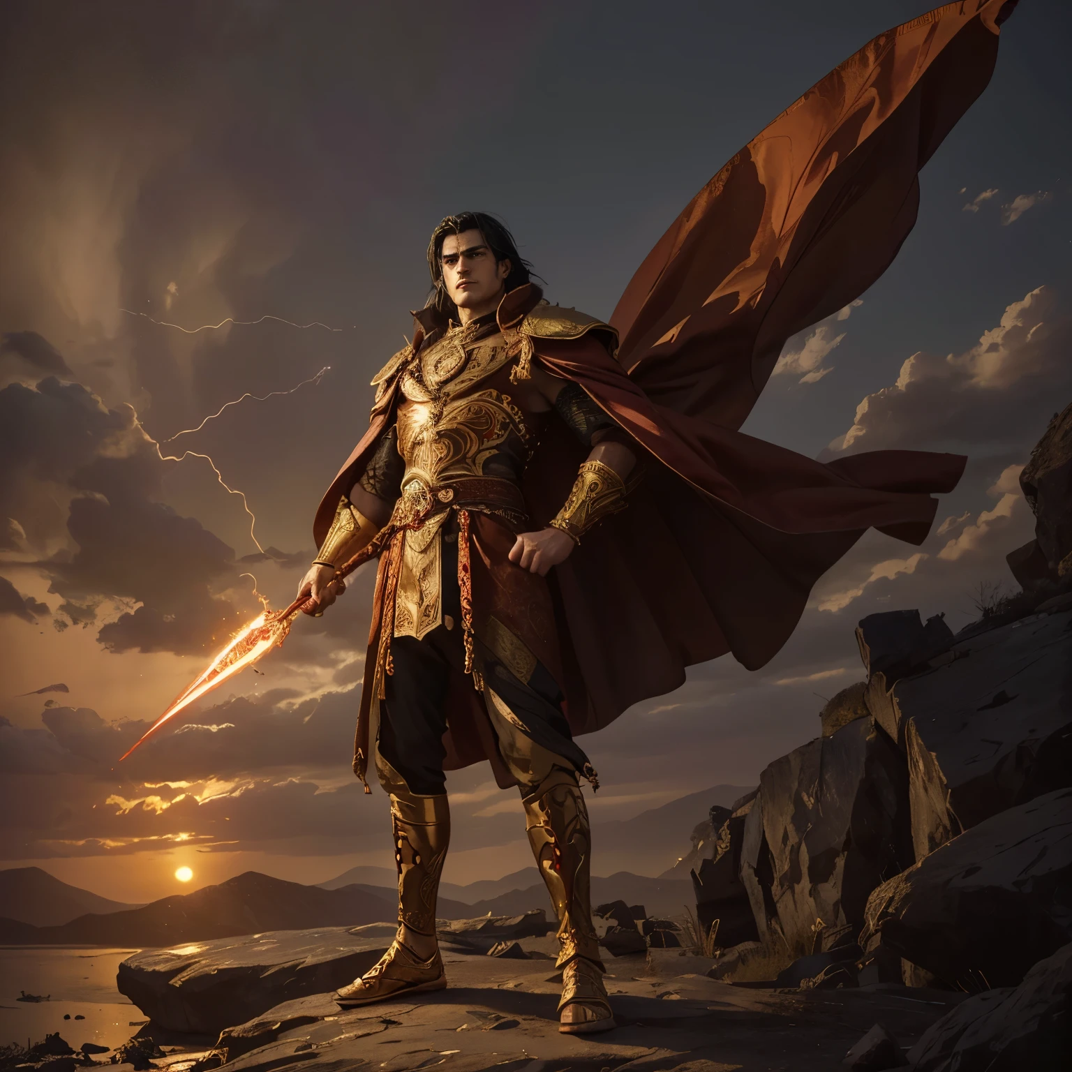 Generate highly detailed, high-quality images of a 25-year-old tall young man with pale skin, small brown eyes, a prominent nose, and thick eyebrows. Clean-shaven with a defined jawline, he has long black hair with a single gray strand. In a full-body image, depict him standing on a dark rock in an imposing pose, embodying the essence of a grand holy warrior.

Adorned in opulent red fabrics inspired by Byzantine aesthetics, featuring intricate golden patterns, he wears a full golden body armor and a long red cape. A ruby jewel graces his forehead. The calamitous background includes destruction, lightning, and fire, with the rising sun symbolizing hope on the horizon.

Capture the character covered in his own blood, bearing wounds, surrounded by intense magical red energy swirling around his body. Emphasize the highest quality and intricate details to vividly bring this compelling scene to life.