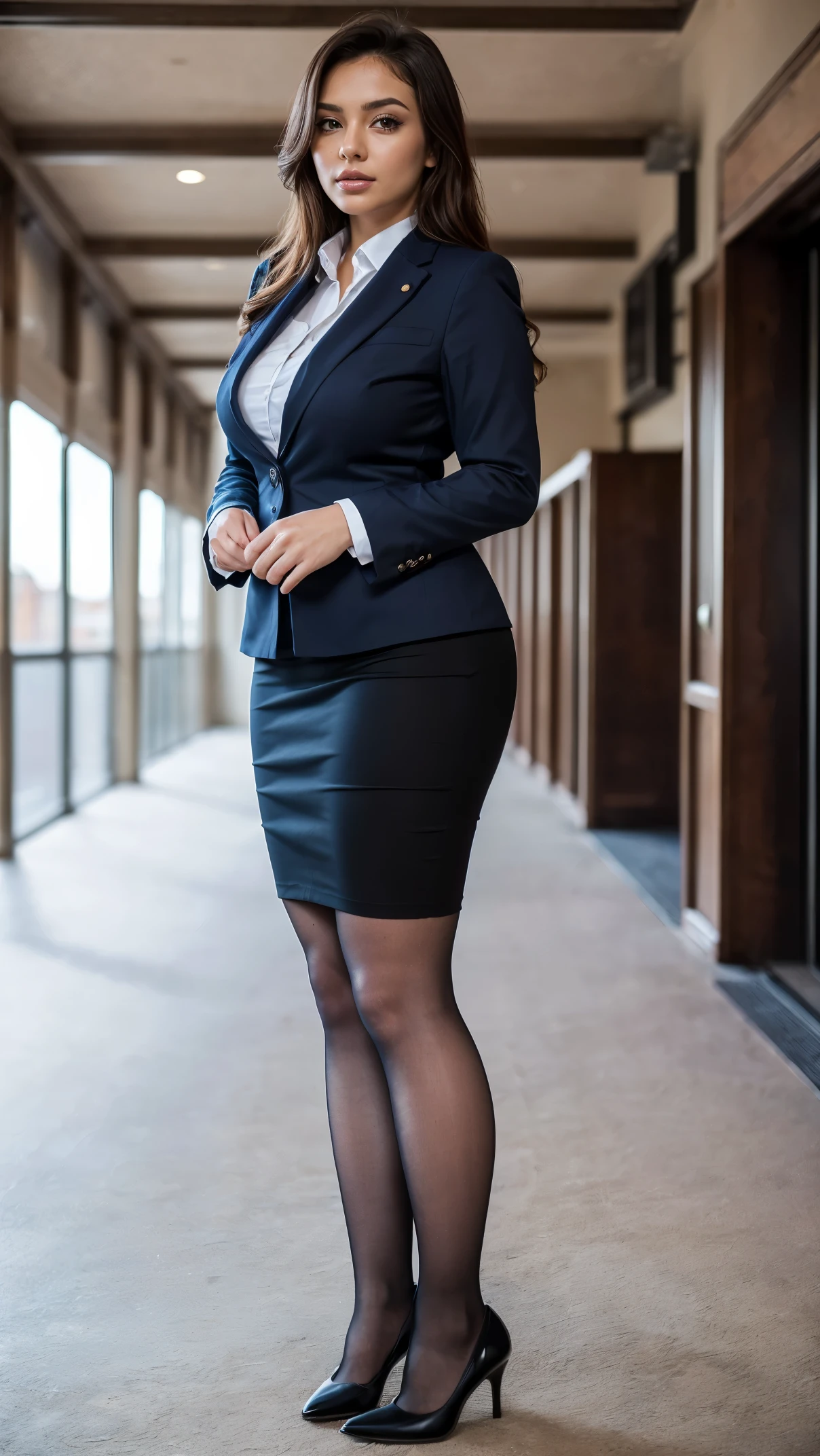 A woman in a skirt suit and heels standing in a hallway - SeaArt AI