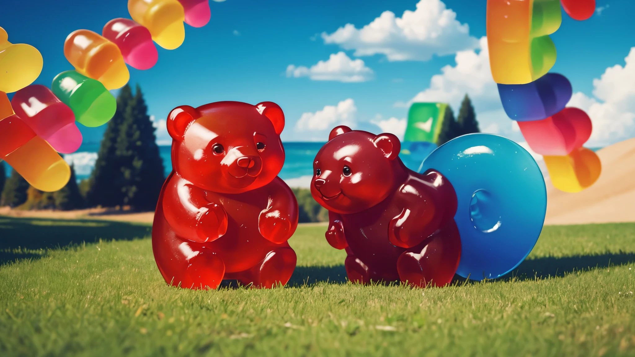 There are two gummy bears sitting on the grass with balloons - SeaArt AI