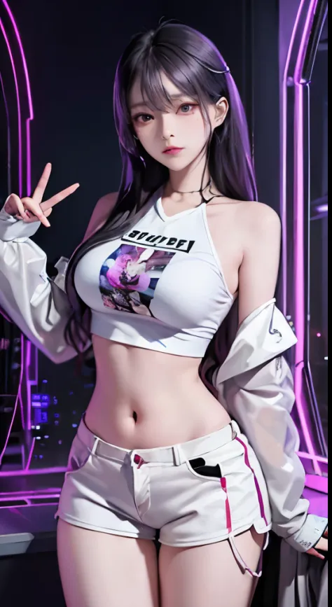 ((Masterpiece)), best quality, absurderes, ultra detailed, holographic, cowboy shot, super cute girl, mature girl, super beautiful asian girl with very beautiful violet glowing eyes, beautiful glowing white multicolored Black hair, nice and sexy body, slim...