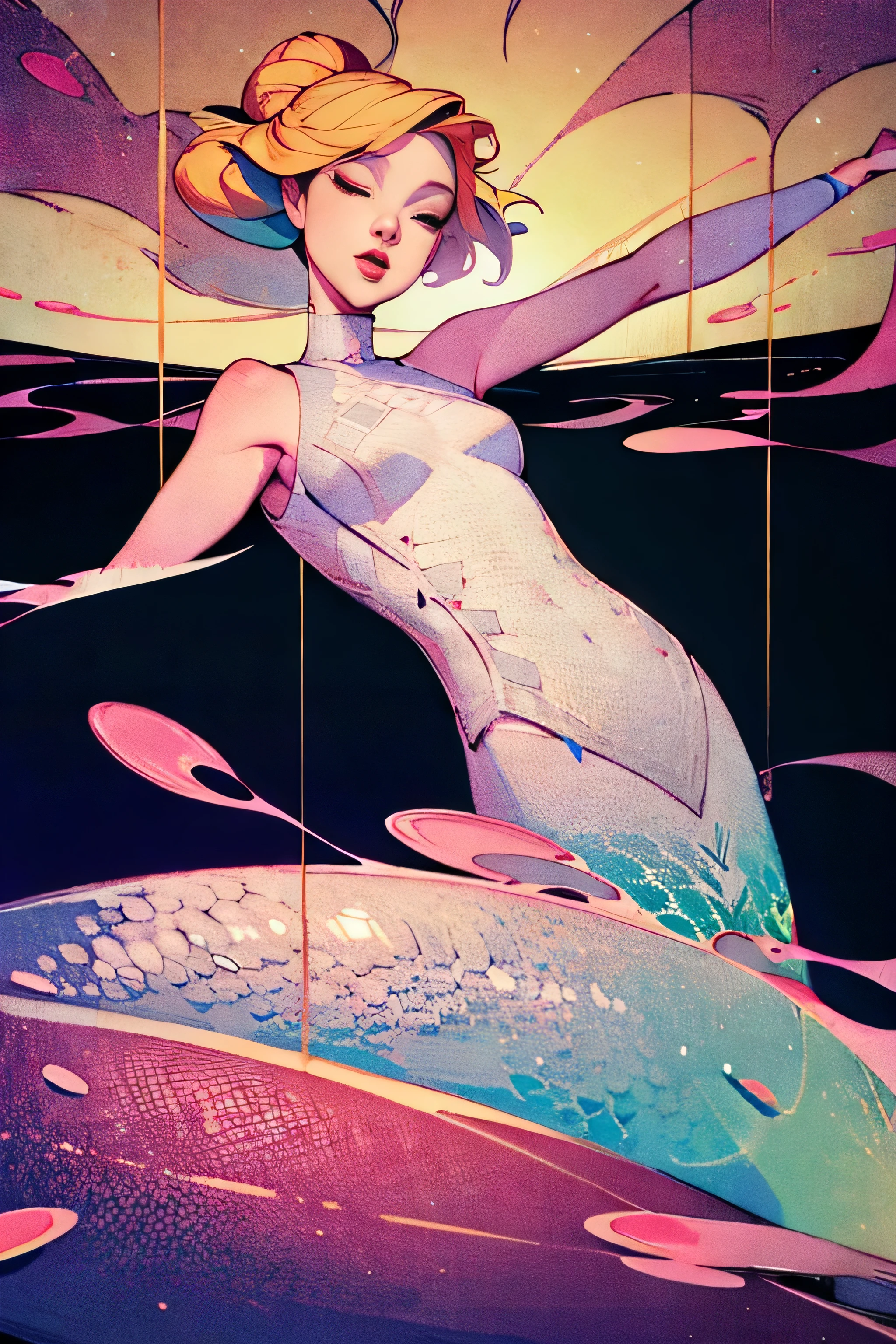 woman floating in the air, (multi-color hair), limp body, asleep, vibrant opalescent lighting, flecks in the air, dynamic lighting, warm color pallet, knit, brocade, gold carp, poppies, swirling air movement, wide angle, full body view, loose fabric, geometric shapes, small breasts, sherbet, persimmon, up-do hair, Bauhaus, geometric shapes, white snake mermaid