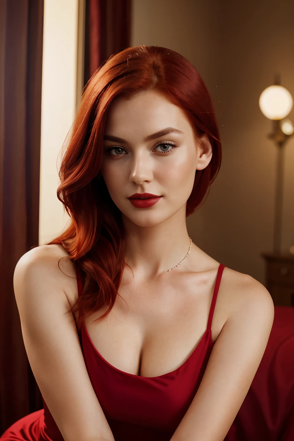 1girl with a beautiful, mature face, red hair, looking directly at the viewer, realistically rendered, wearing a sleek red dress that complements her hair color, showing off her shoulders and neck, accentuated with elegant jewelry, Lipstick staining her lips, nose defined, and expressing confidence and allure.