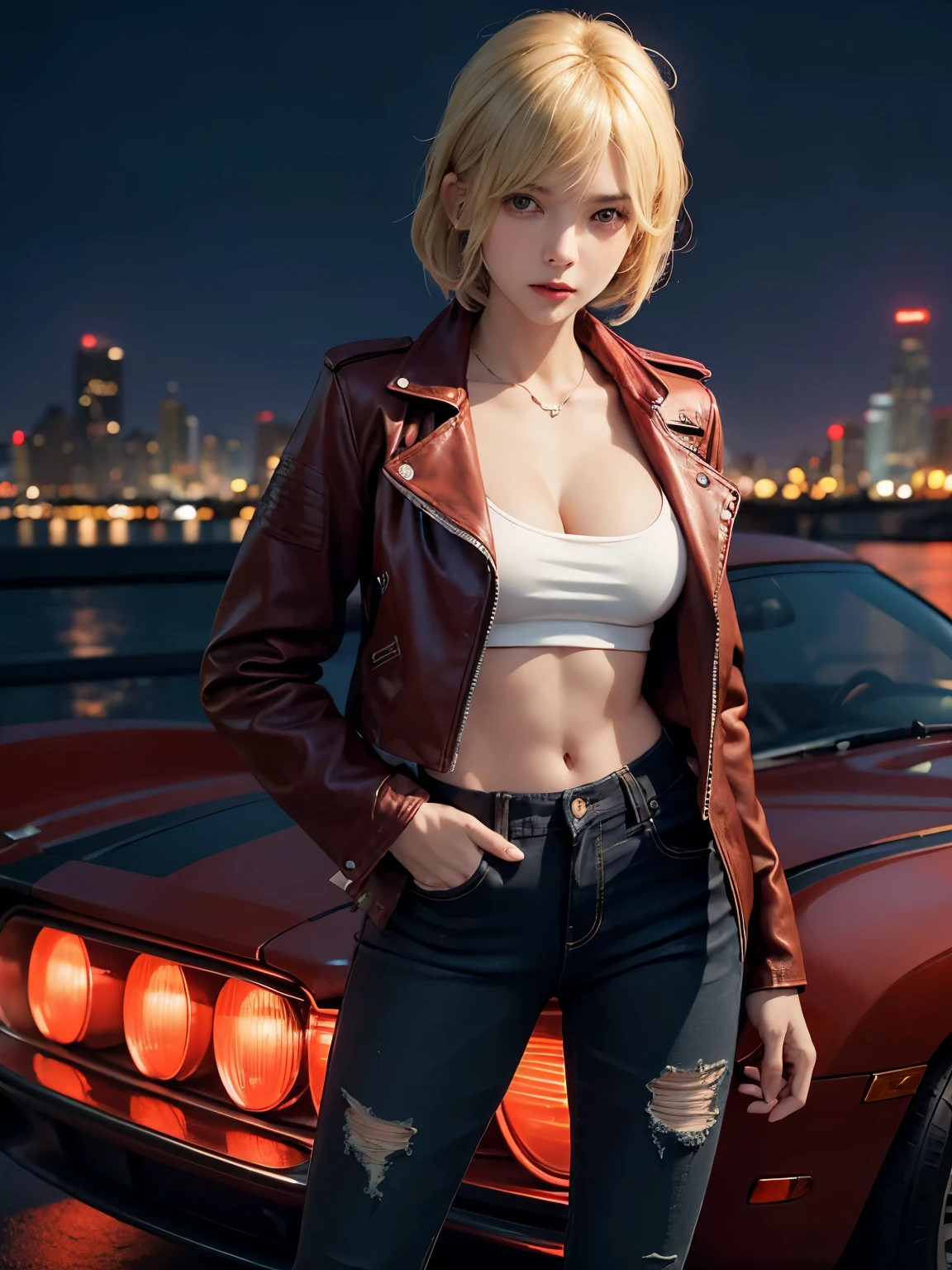 A girl with short wavy blonde hair , blonde and red streaks , 15 year , torn jeans,  see-throuh shirt , (leather jacket ) , (slim figur , small breast) , cleavage, slender, sexy pose , 50s city at night , Neon lights reflects in water, standing by a 50s car ,surrealism