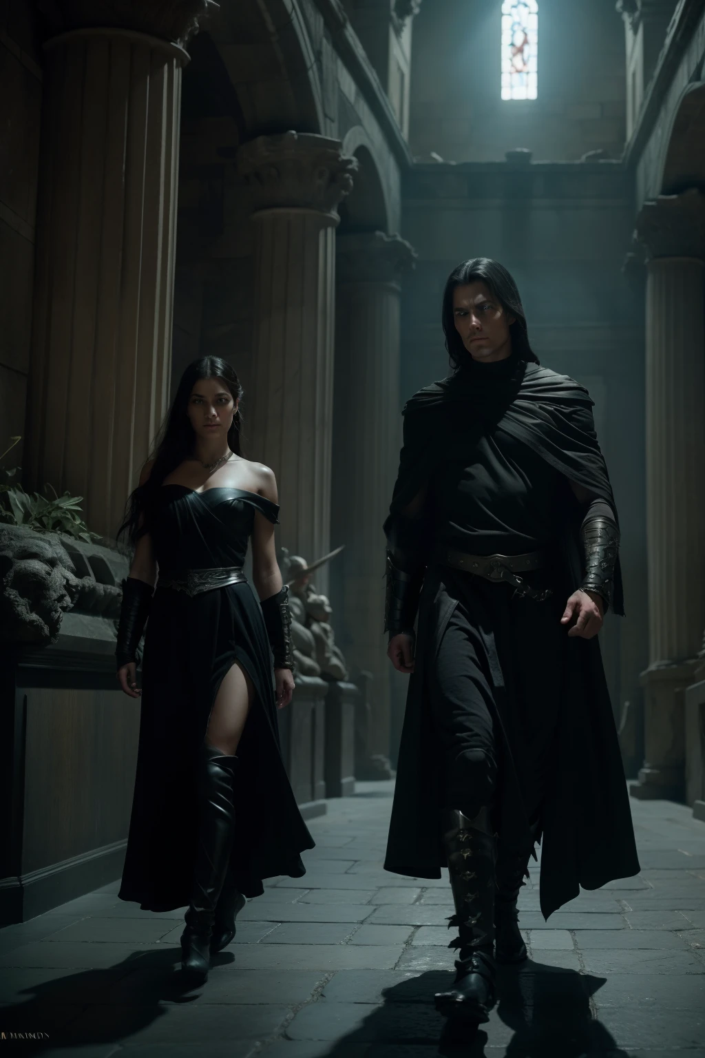 A man and woman in black clothes walking down a hallway SeaArt AI