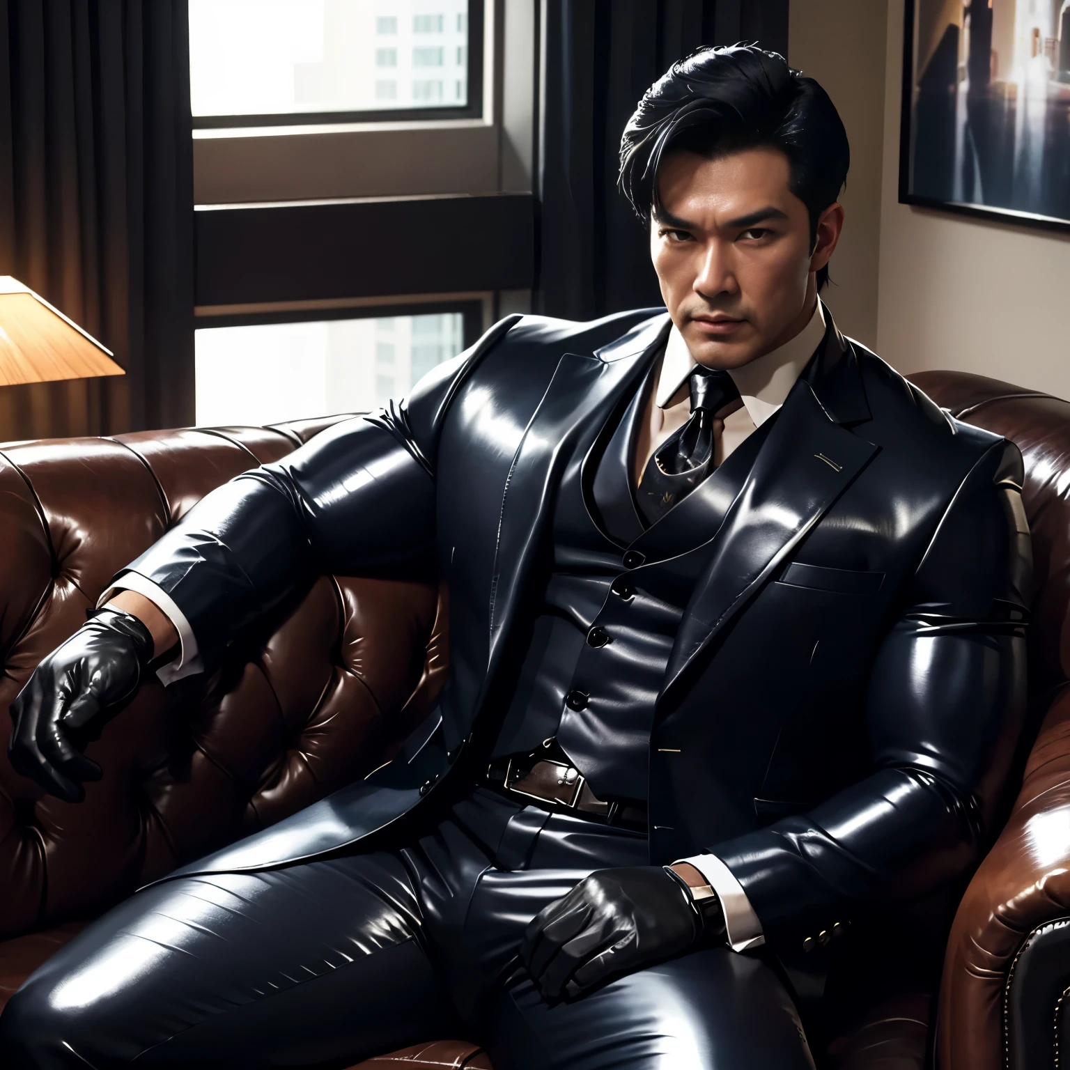 30 years old,daddy,"shiny suit ",Dad sat on sofa,k hd,in the office,"big muscle", gay ,black hair,asia face,masculine,strong man,the boss is,handsome,,leather gloves,lecherous dad,look straight ahead,dad is handsome,dad is handsome ,dad is "horny dad"