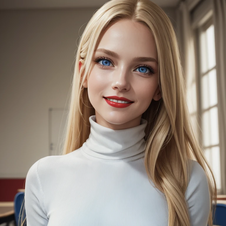 Beatrice, blond, long hair, pickles, red lips, blue eyes, smile, fitness, strong arms, friendly, innocent, blue blouse, white pants, in a gaming room, playing in PC gamer, ultra defined, high definition, ultra-detailed, cinematic