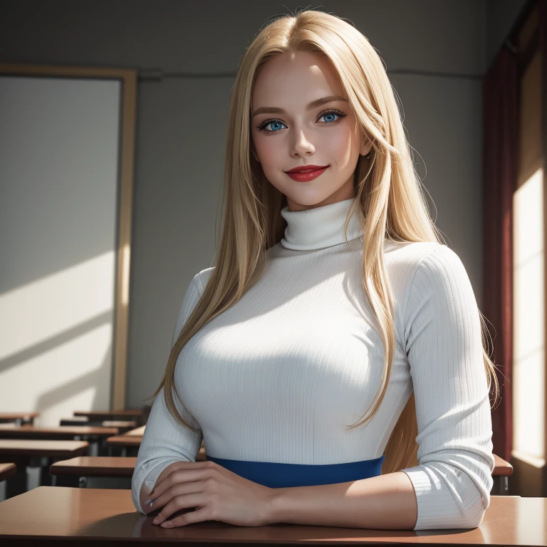 Beatrice, blond, long hair, pickles, red lips, blue eyes, smile, fitness, strong arms, friendly, innocent, blue blouse, white pants, in a gaming room, playing in PC gamer, ultra defined, high definition, ultra-detailed, cinematic