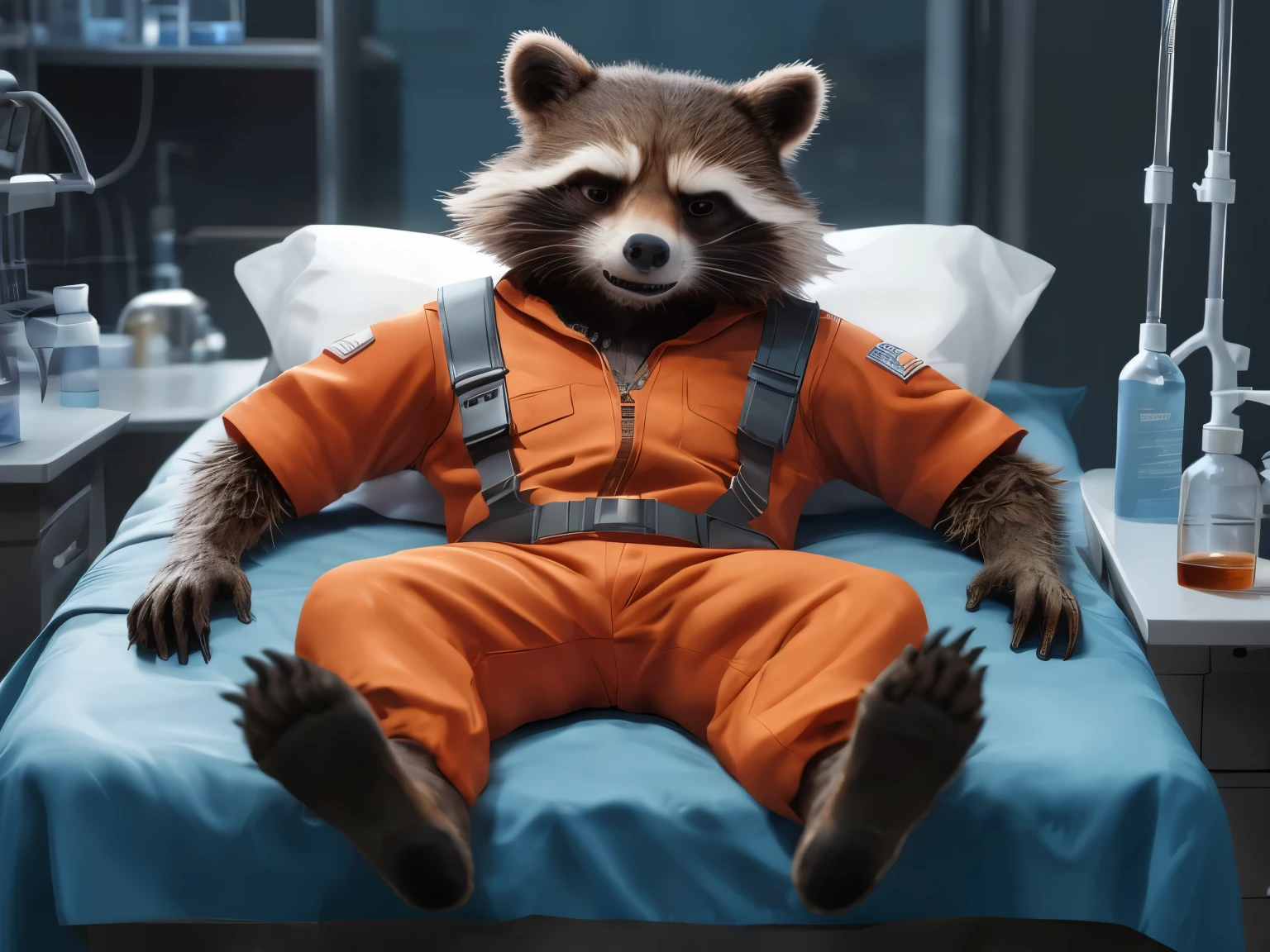 Sedated Rocket Racoon, lying on a bed in a laboratory with his legs spread, drugged with sedation from a drip, strapped to the bed by his wrists and ankles, resisting to sleep, detailed nice big paws with short claws, wears orange prison uniform, MCU vivid colour style, dark brown and gray and white fur, visible soles, in an orange jumpsuit sitting on a hospital bed, rocket raccoon, anthropomorphic racoon, racoon, rocket, super realistic gritty, raccoon, from guardians of the galaxy, ultra realistic illustration, ultra realistic 3d illustration, realistic illustration, 4k still, photoreal”, pixar zootopia. 3 d rendering, 