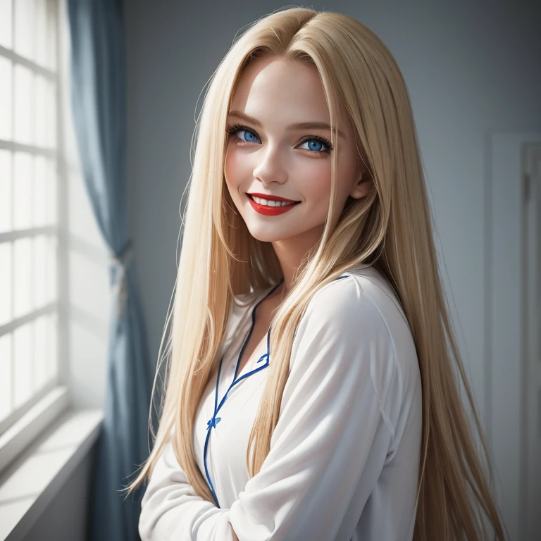 Beatrice, blond, long hair, pickles, red lips, blue eyes, smile, fitness, strong arms, friendly, innocent, blue blouse, white pants, in a gaming room, playing in PC gamer, ultra defined, high definition, ultra-detailed, cinematic