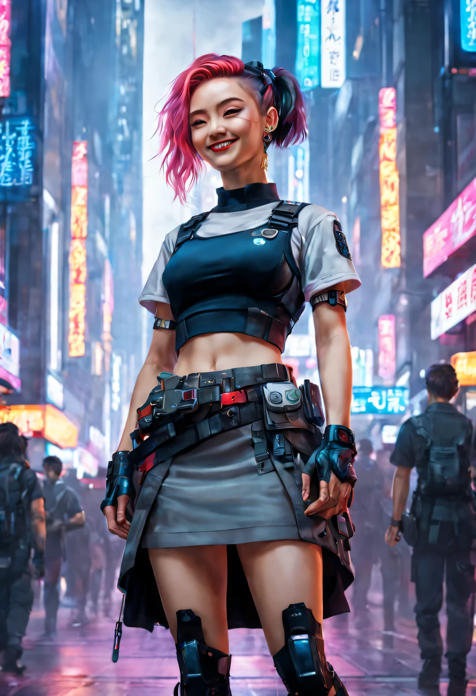 masterpiece, best quality, ((smiling)) cyberpunk girls standing, having grey and grey uniform and black long skirt, Harajuku-inspired cyberpunk body harness, bold colors and patterns, eye-catching accessories, trendy and innovative hairstyle with baroque influence, dazzling Cyberpunk cityscape, skyscrapers, glowing neon signs, LED lights, anime illustration, detailed skin texture, detailed cloth texture, beautiful detailed face, intricate details, ultra detailed, cinematic lighting, strong contrast.