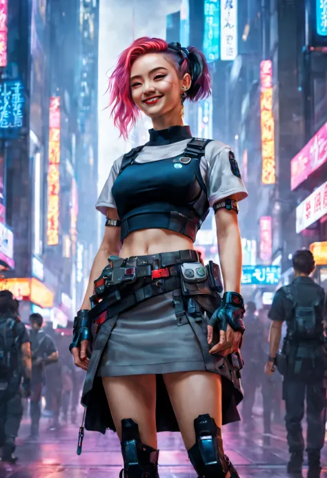 masterpiece, best quality, ((smiling)) cyberpunk girls standing, having grey and grey uniform and black long skirt, harajuku-ins...