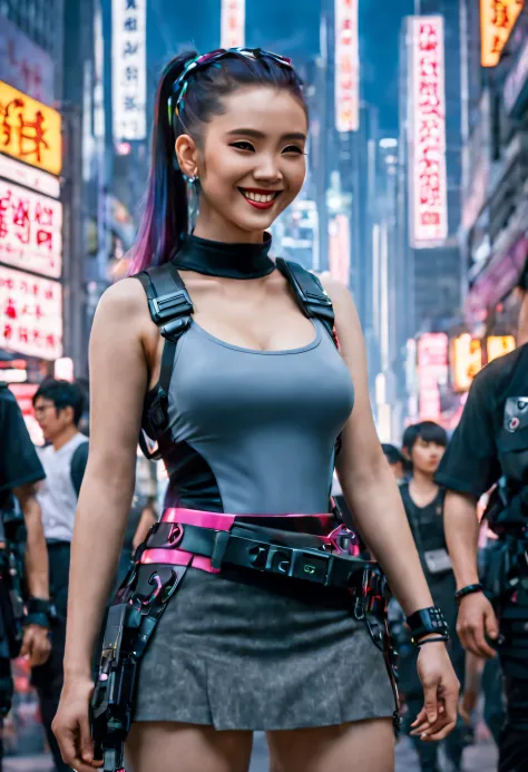 masterpiece, best quality, ((smiling)) cyberpunk girls standing, having grey and grey uniform and black long skirt, harajuku-ins...