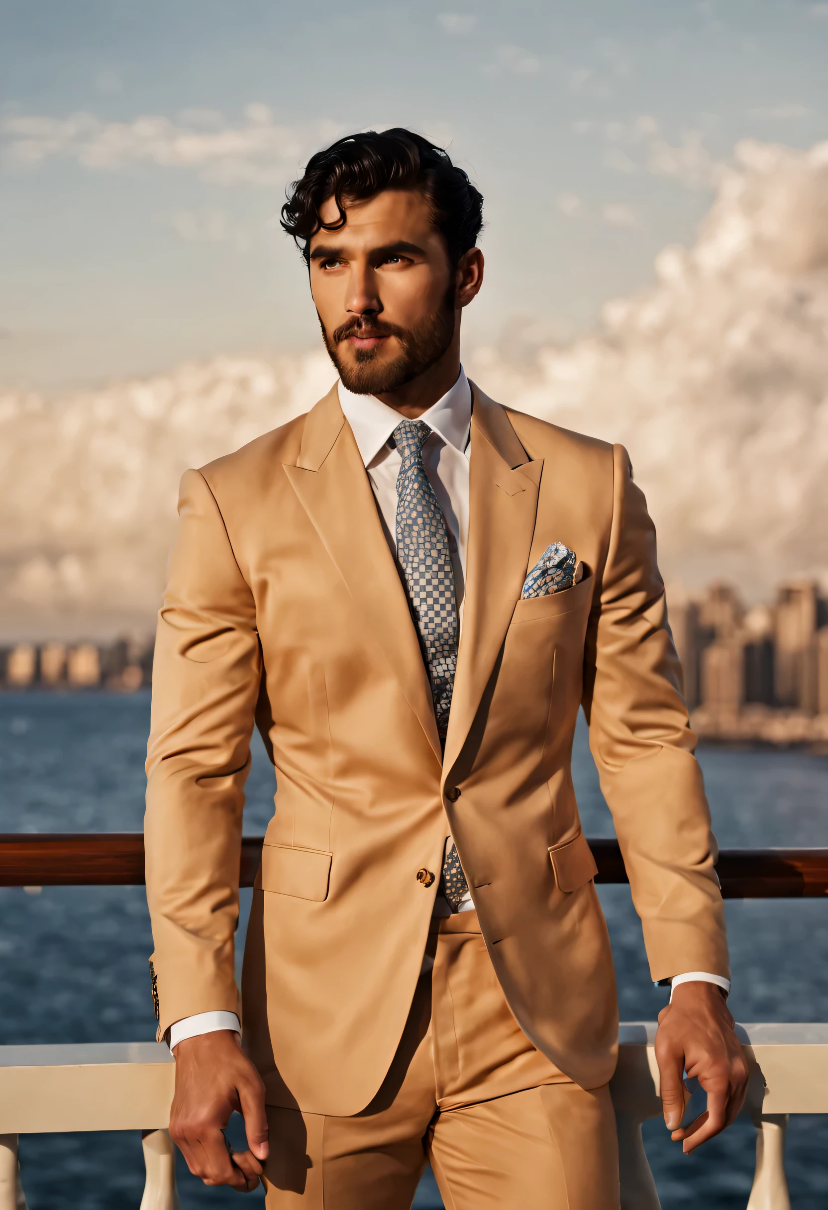 Nautical-themed (Photo:1.3) of (Ultrarealistic:1.3) Darren Criss a man in a tan suit standing on a balcony, sun behind him, inspired by Pablo Munoz Gomez, shot at golden hour, editorial photograph, midshot of a hunky, by Roman Bezpalkiv, by Artur Tarnowski, maxim sukharev, by Gabor Szikszai,Highly Detailed,(Mono Color:1.3) . Sea, ocean, ships, maritime, beach, marine life, highly detailed