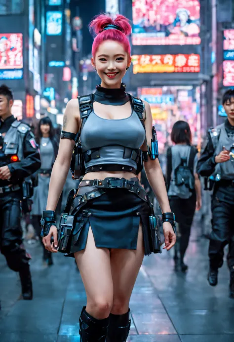 masterpiece, best quality, ((smiling)) cyberpunk girls standing, having grey and grey uniform and black long skirt, harajuku-ins...