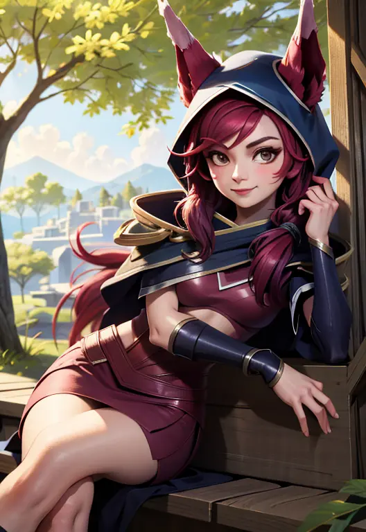 xayah, sorriso pretensioso, sorriso sedutor, sittinagical, magnificent, obra de arte:1.3)