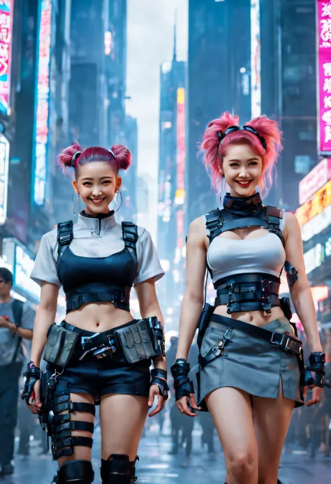 masterpiece, best quality, ((smiling)) cyberpunk girls standing, having grey and grey uniform and black long skirt, harajuku-ins...