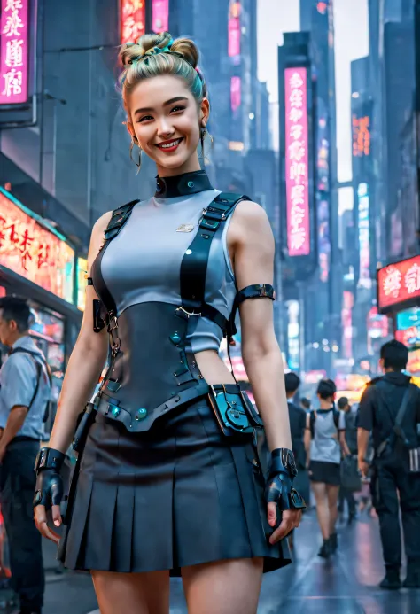 masterpiece, best quality, ((smiling)) cyberpunk girls standing, having grey and grey uniform and black long skirt, harajuku-ins...