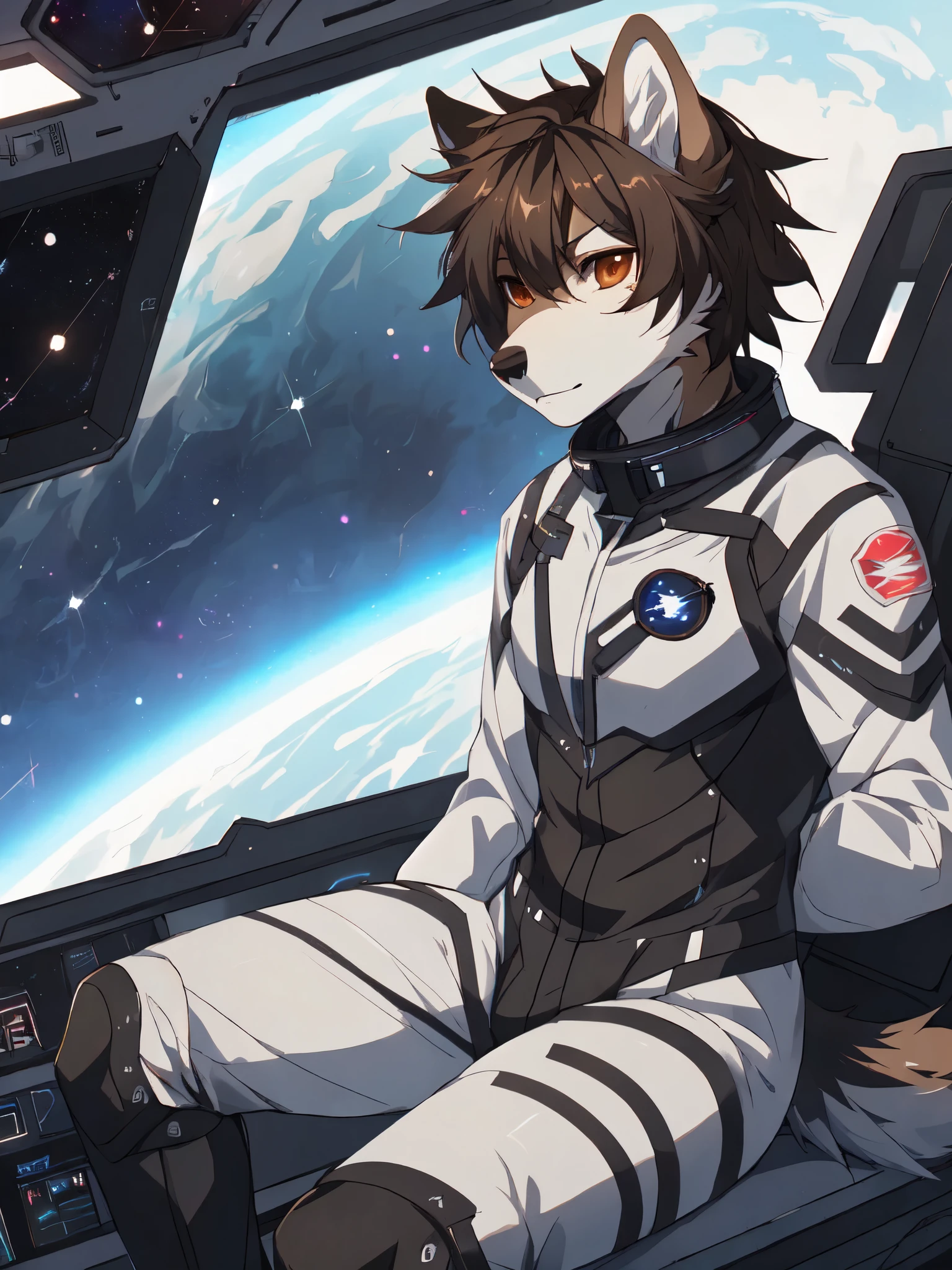 Jaiden, brown wolf, brown wolf ears, brown eyes, cute snout, black nose, wearing black astronaut outfit, futuristic visor, high collar, astronaut boots, black futuristic astronaut suit, by fumiko, by hyattlen, by hioshiru, far away shot, sitting in a space ship cockpit, looking determined,  