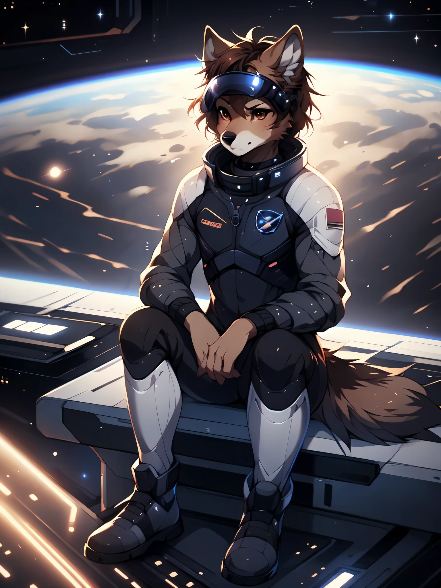 Jaiden, brown wolf, brown wolf ears, brown eyes, cute snout, black nose, wearing black space armor outfit, futuristic visor, high collar, astronaut boots, black futuristic astronaut suit, mass effect 3, by fumiko, by hyattlen, by hioshiru, far away shot, sitting in a space ship cockpit, looking determined,  