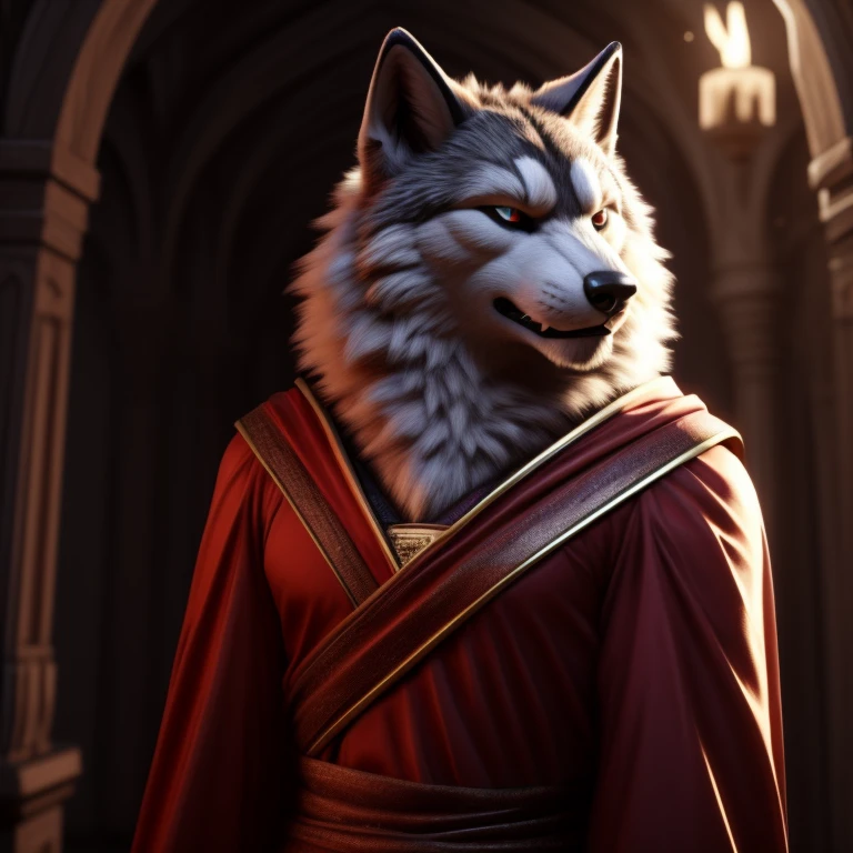 uploaded on e621, photorealistic, masterpiece, wolf anthro, human-like eyes, full body portrait, medieval robes, forest background