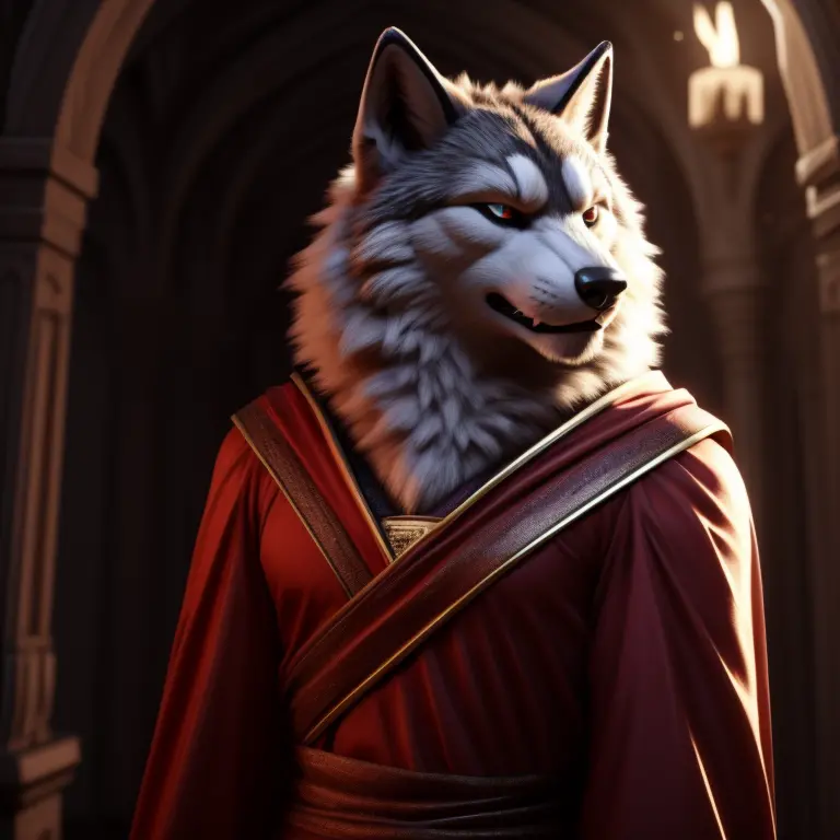 uploaded on e621, photorealistic, masterpiece, wolf anthro, human-like eyes, full body portrait, medieval robes, forest backgrou...