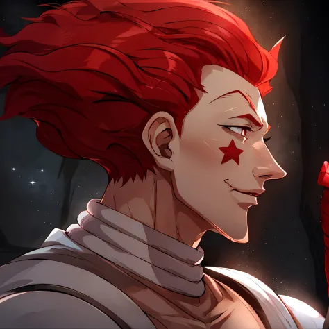 nime character with red hair and a star on his face, portrait of hisoka hunter hunter, hisoka, hisoka from hunter × hunter