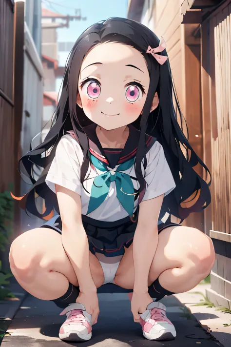 (table top:1.4), (best qual:1.4), (High resolution:1.4),1 girl, (Highly detailed CG, master parts, highest quality) + (fisherman, Chiquita + Japanese) + (nezuko, black haired, pink eyes:1.2, 口にbambooを使う)"，7 years old，shy smile,bamboo,bamboo， bit gag, blush...