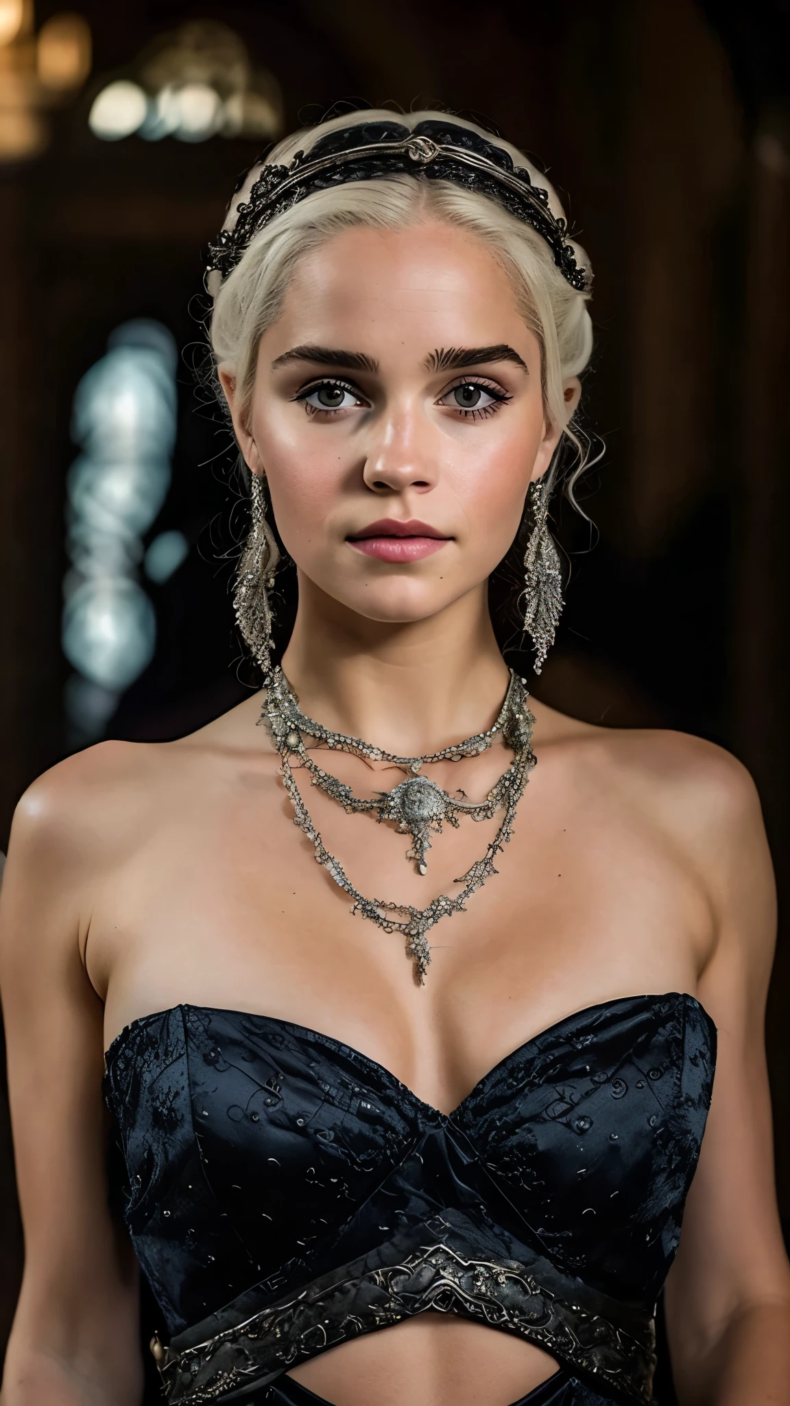 Royal Satin dress, Perfect eyes, flawless Beauty, pierced eyes, Masterpiece,[Emma watson] as [Daenerys Targaryen}, [pale skin], Gorgeous woman, queen, Queen Lady, Princess of Dragonstone, white mole on breast, The Unburnt, Queen of Meereen, Queen of the Andals, the Rhoynar and the First Men (claimant), Protector of the Seven Kingdoms (claimant), Khaleesi of the Great Grass Sea, Breaker of Shackles, Mother of Dragons, The One Who Was Promised, Lady of Dragonstone , 45 years Old, she is a Full growned lady now, beautiful mature lady, the queen, milf beauty, mature queen, Best quality, a small, charming Beauty, a captivating woman, fully ripen milf body, lustful queen, alluring appearance, unrivaled beauty, wonderful breasts, large breasts, mediaeval erotic costumes, a Game of Thrones-inspired costume, a close-up of a woman from the middle ages, Daenerys Targaryen, Daenerys, resembles Emilia Clarke, Emilia Clarke, scene from "Game of Throne," deep cleavage, warrior princess, healthy body, perfect thick body, attractive figure, fleshy body, style of "Game of Throne," beautiful lady, beautiful woman, mediaeval clothes, stunning woman, 8K, insane details, dress made of clothes and jewelry, perfect hair, styled hair, high clarity eyes, perfect hands, perfect fingers, perfect eyes