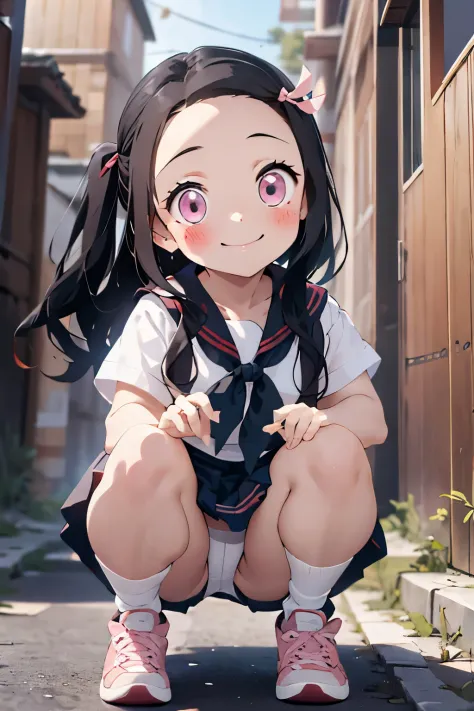 (table top:1.4), (best qual:1.4), (High resolution:1.4),1 girl, (Highly detailed CG, master parts, highest quality) + (fisherman, lollipop + Japanese) + (nezuko, black haired, pink eyes:1.2, 口にbambooを使う)"，10 years old，shy smile，bamboo,bamboo，bit gag, blush...