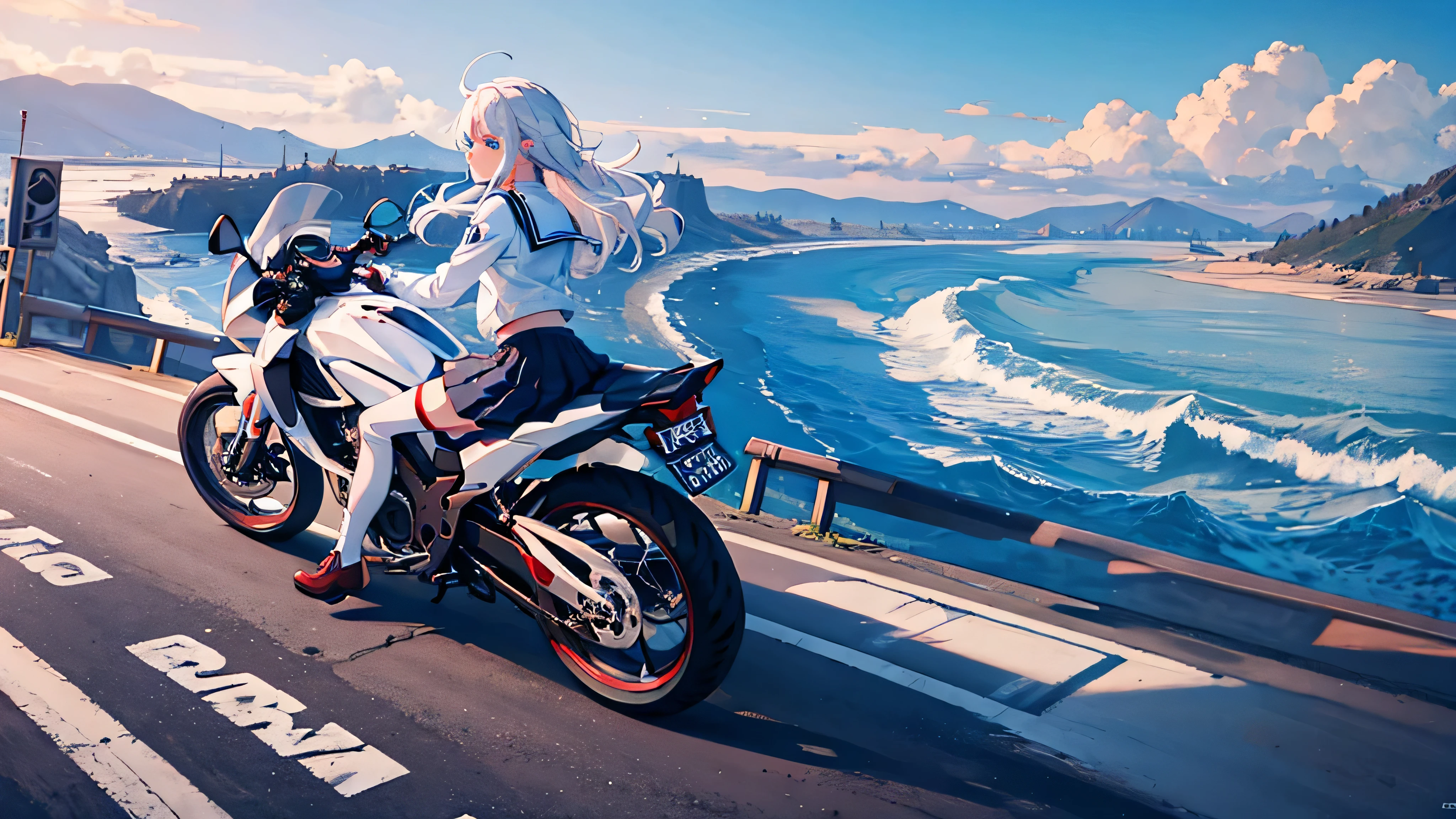 Anime girl, School uniform, riding motocycle, white hair, blue eyes, perfect body, masterpiece, 4k, ultra hight quality, best quality