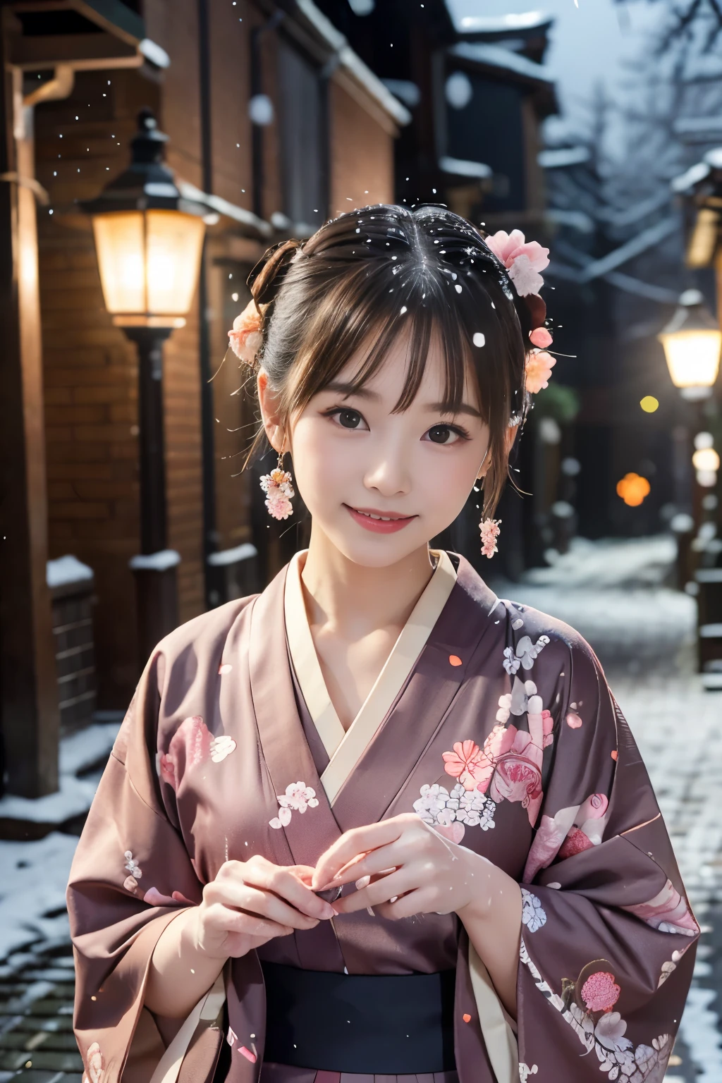 Japanese ID ,((cute ,baby face:1.2)),(8K, RAW photo, Super detailed, highest quality:1.2), (realistic, Photoreal:1.4), (very detailed, ultra high resolution ,beautiful, table top:1.2), ,very detailed顔と目,shiny skin,(Upper body:1.professional lighting,soft light, sharp focus, Depth of written boundary,medium hair,earrings, (Kimono costume with gorgeous floral pattern :1.3),( An old, cobblestone alleyway in a historic district during a gentle snowfall, illuminated by vintage street lamps:1.3)