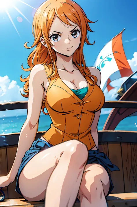 Generate a realistic anime-style image of Nami from One Piece sitting in a boat with her feet in the air. Capture your distincti...