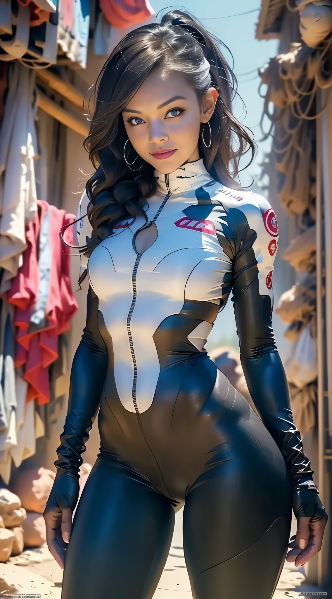 (MATURE White Woman), Best Quality, Masterpiece, A Beautiful Cyberpunk, (Cyberpunk), (cyborg), (ponytail hair), MATURE Woman, Genesis evangelion neon style clothing, 2-piece clothing, cybernetic hands, pastel, extremely beautiful,  alone, full body, ultra detailed face, ultra detailed eyes, brown eyes, ultra realist eyes, ultra detailed irises, perfect body, ultra delicate hands, ultra detailed hands, ultra detailed fingers, natural lighting, front view, malicious smile, smooth skin, very big ass, ultra wide hips, huge hips,  ultra thin waist, totally ultra realistic, (so sweet), repeat the same face, always the same face, repeat always the same face, always the same body, always the same proportions, flat belly, looking at the camera, Centered, scale to fit the dimensions, thirds rule, 8K Raw, , pantyhose, CURVY  (MATURE WOMAN)