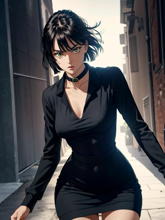 (masterpiece:2.2, Best Quality:4.0, beautiful, high quality, high resolution:4.1, aesthetic), detailed, extremely detailed, soft ambient lighting, 4k, Perfect eyes, perfect face, perfect lighting, 1 girl, hits, black dress, black fur, old, Covered navel, dress, Fubuki \(one hit man\), shelter, green eyes, jewelry, large old, Lips, looking at the viewer, collar, pearl collar, short hair,  bottom, Alone, sweater, thighs, turtleneck sweater, turtleneck sweater dress. Fubuki One Punch Man wearing a black dress and a sash over his eyes