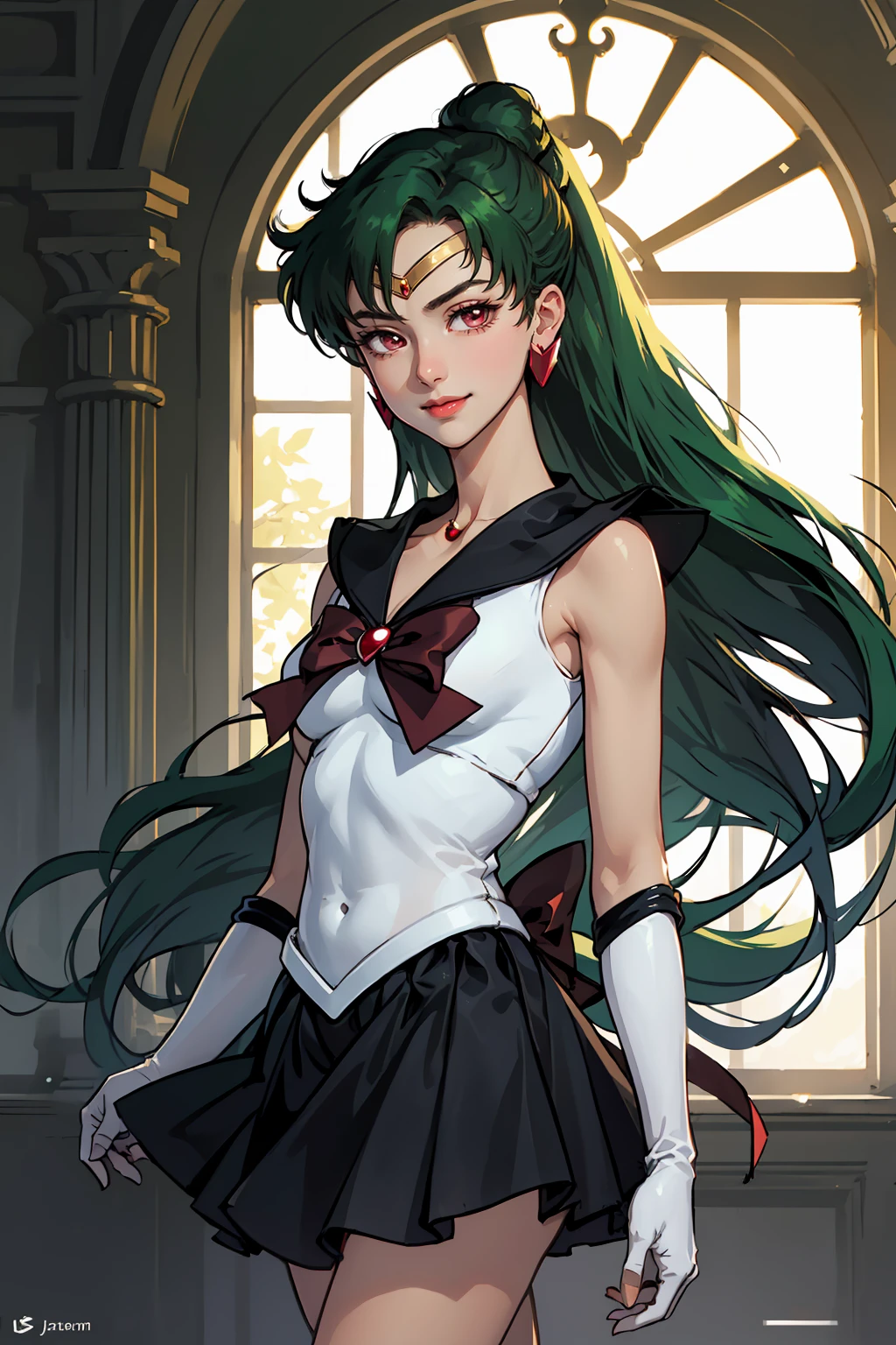 Masterpiece, Best Quality, High Resolution, 1girl, Solo, Ponytail, Green Hair, (Elbow Gloves), Headdress, dark red Bow, Tight Top, (Black Sailor Collar), White Gloves, Earrings, Smile, Black Skirt, (Sailor Pluto Uniform), (Sailor Pluto Uniform), standing, looking at the camera, dynamic poses. Leng Jun, White Top, Elbow Gloves