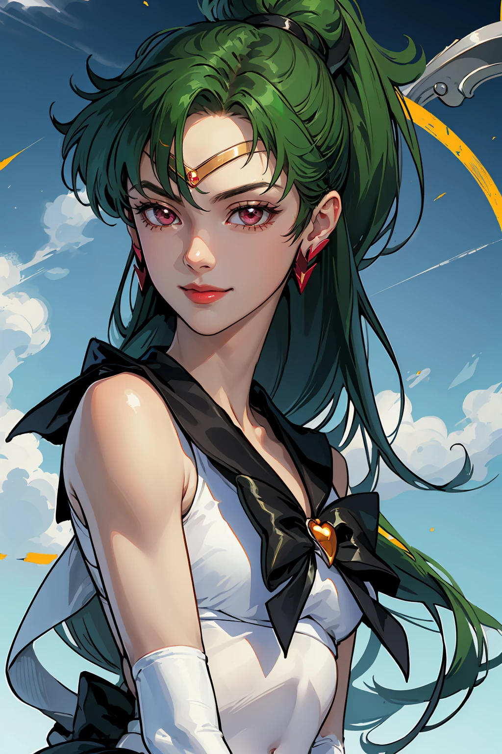 Masterpiece, Best Quality, High Resolution, 1girl, Solo, Ponytail, Green Hair, (Elbow Gloves), Headdress, dark red Bow, Tight Top, (Black Sailor Collar), White Gloves, Earrings, Smile, Black Skirt, (Sailor Pluto Uniform), (Sailor Pluto Uniform), standing, looking at the camera, dynamic poses. Leng Jun, White Top, Elbow Gloves