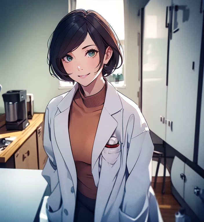 ((Masterpiece)), ((best quality)), 8k, full bodyview, 1woman, tomboy, short boyish black hair, green eyes, fit athletic body, small breast:1.2, ((lab coat:1.4)), smiling, european face, 