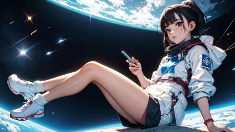 asian girl in the space on alien planet between polar star and big dipper