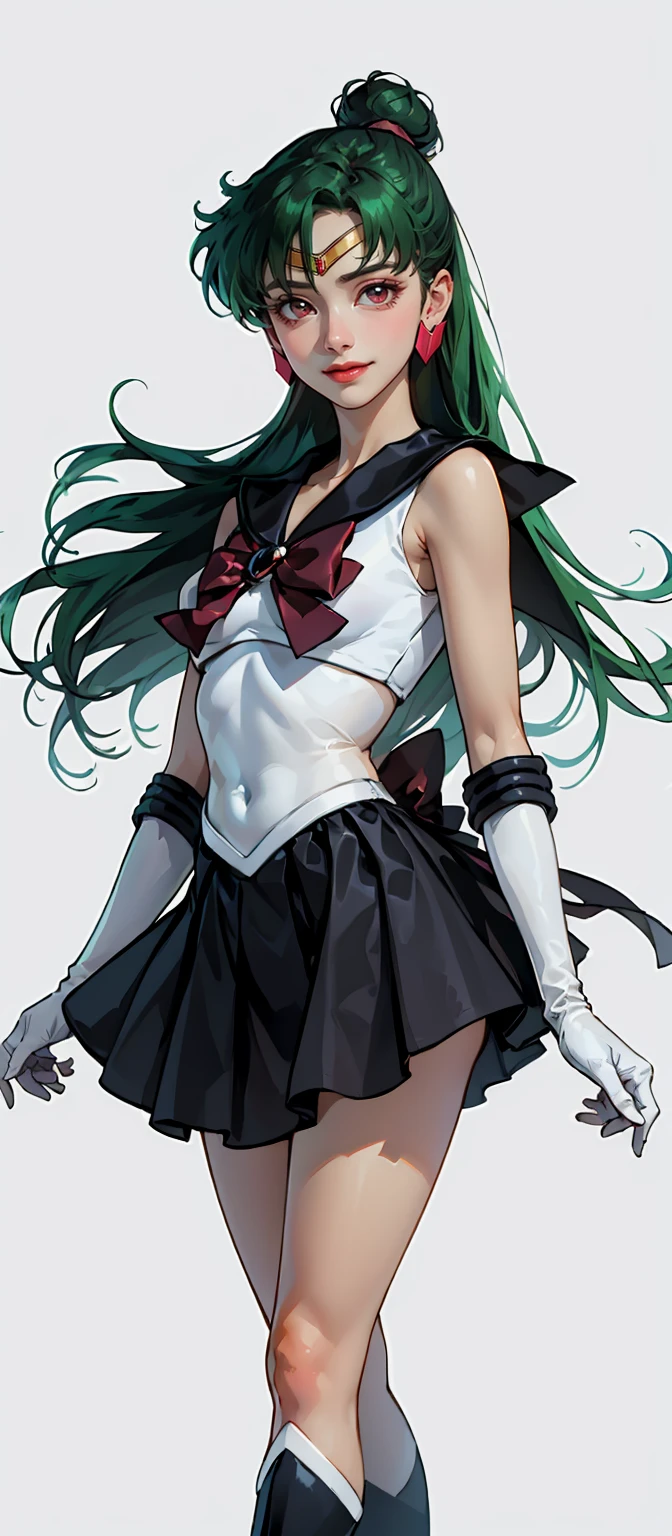 Masterpiece, Best Quality, High Resolution, 1girl, Solo, Ponytail, Green Hair, (Elbow Gloves), Headdress, dark red Bow, Tight Top, (Black Sailor Collar), White Gloves, Earrings, Smile,  white Background, Black Skirt, (Sailor Pluto Uniform), (Sailor Pluto Uniform), standing, looking at the camera, dynamic poses. Leng Jun, White Top, Elbow Gloves, black boot, walking on the floor