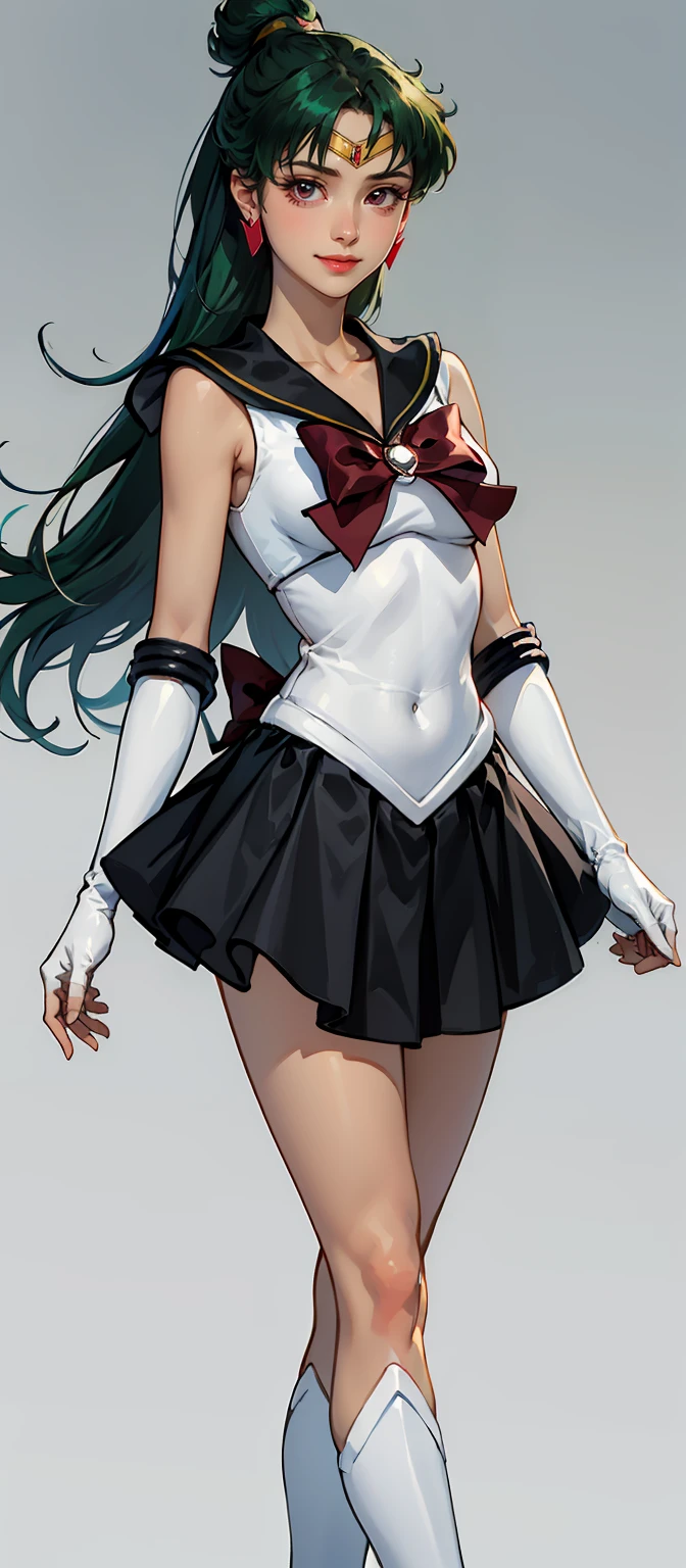 Masterpiece, Best Quality, High Resolution, 1girl, Solo, Ponytail, Green Hair, (Elbow Gloves), Headdress, dark red Bow, Tight Top, (Black Sailor Collar), White Gloves, Earrings, Smile,  white Background, Black Skirt, (Sailor Pluto Uniform), (Sailor Pluto Uniform), standing, looking at the camera, dynamic poses. Leng Jun, White Top, Elbow Gloves, black boot, walking on the floor