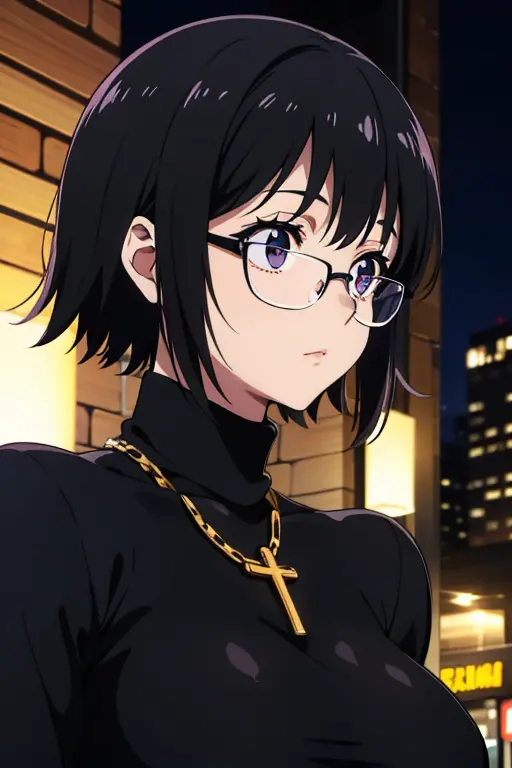 purple shizuku, 1 girl, cute, black hair, short hair, glasses, expressionless, huge breasts, ((tight black long sleeve turtlenec...