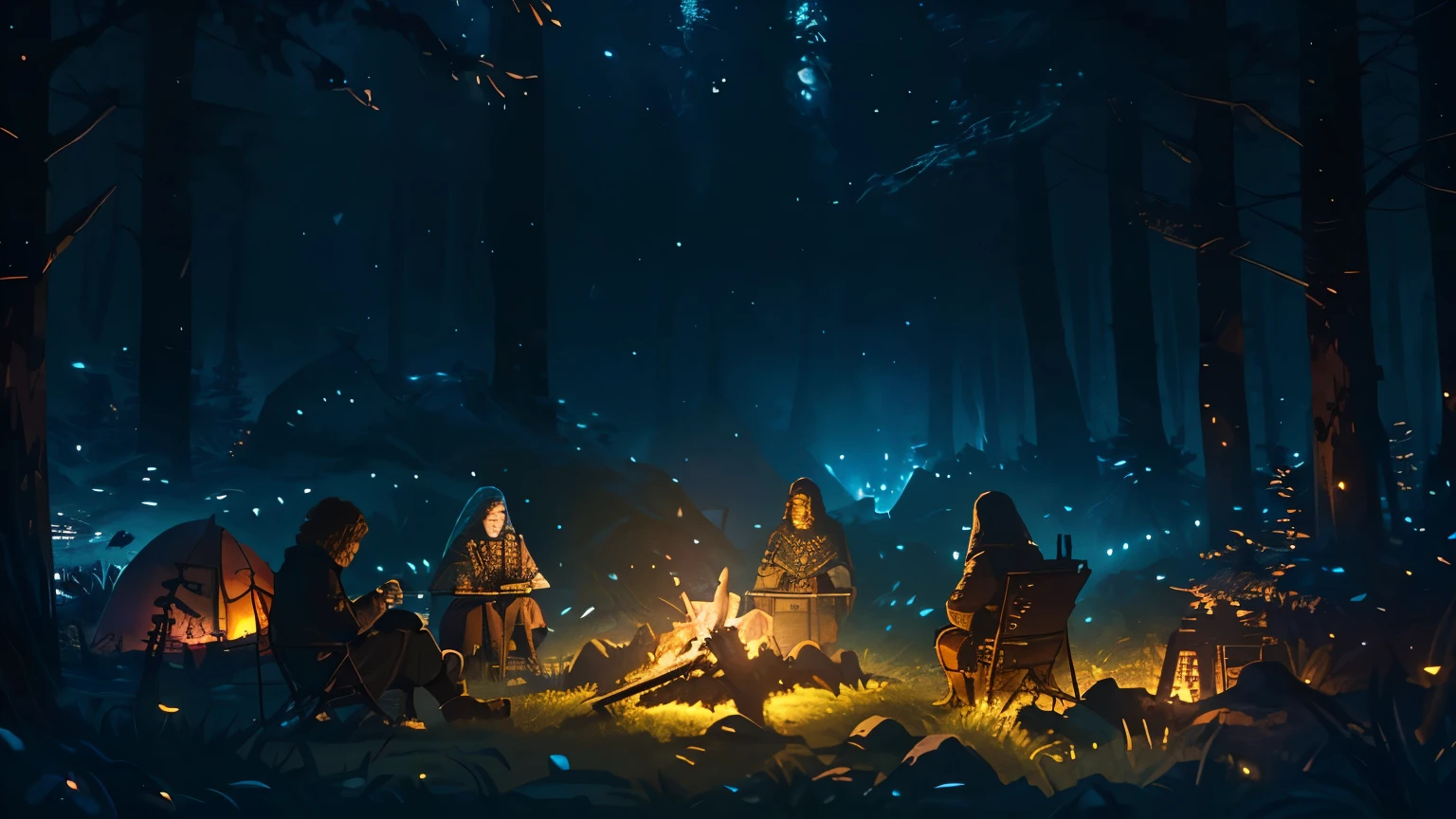 A group of people sitting around a campfire in the woods - SeaArt AI