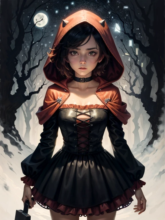 Gothic red riding hood holding the a sanglant ax, Ruby Rose, Debout sur un loup mort au sol, sanglant, fantaisie, beau, élégant, reflet, complexe et détaillé, éclaboussure de sang, sombre, rétroéclairé, bien, clair de lune, Forêt, horreur, sinistre, aquarelle, Illustration, Oh!, huile sur toile