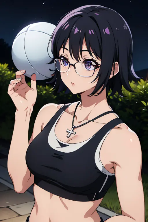 purple shizuku, 1 girl, cute, black hair, short hair, glasses, expressionless, 巨大なchest, ((white sports bra:1.5)), (front view, ...