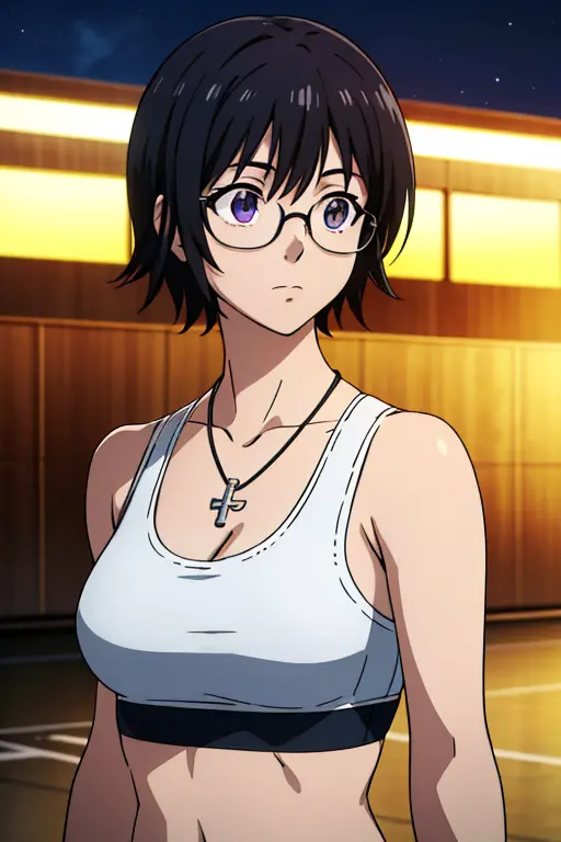 purple shizuku, 1 girl, cute, black hair, short hair, glasses, expressionless, 巨大なchest, ((white sports bra:1.5)), (front view, ...